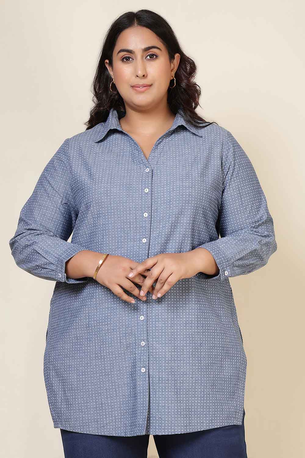 Plus Size Plus Size Mid Blue Cross Weave Denim Cotton Shirt