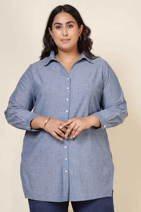 Plus Size Mid Blue Cross Weave Denim Cotton Shirt