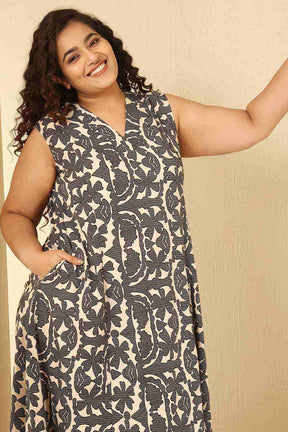 Plus Size Black & Beige Abstract Print Sleeveless Cotton Midi Dress