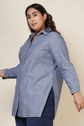 Plus Size Mid Blue Cross Weave Denim Cotton Shirt