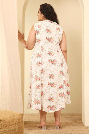 Plus Size White Floral Print Sleeveless Cotton Midi Dress