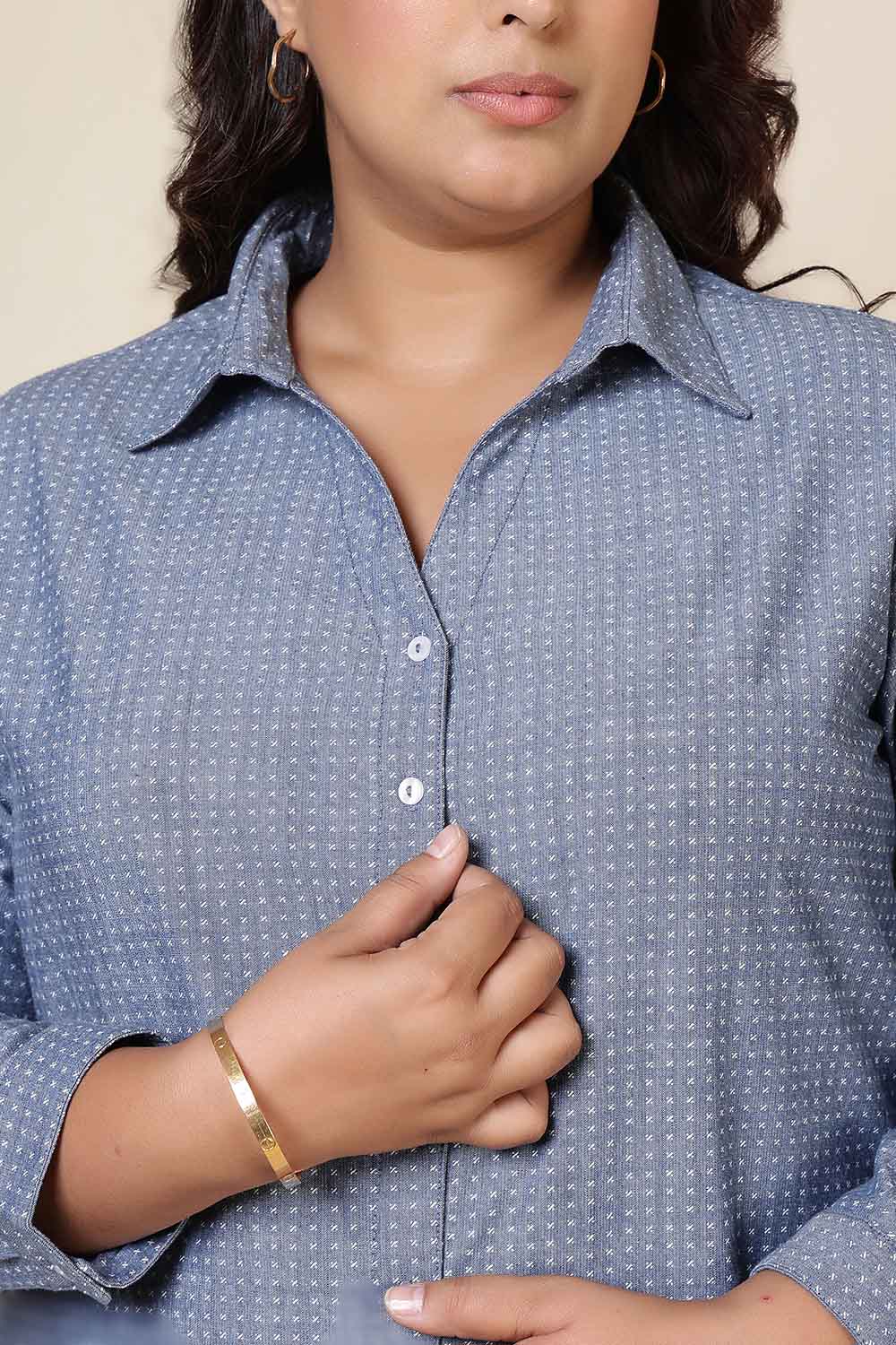 Comfortable Plus Size Mid Blue Cross Weave Denim Cotton Shirt