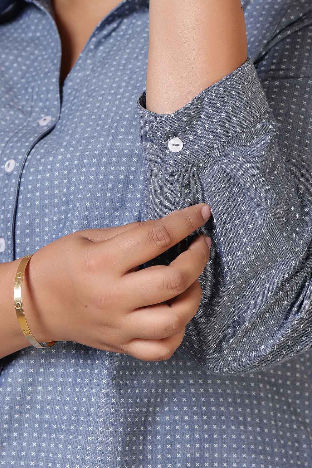 Plus Size Mid Blue Cross Weave Denim Cotton Shirt