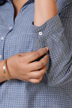 Plus Size Mid Blue Cross Weave Denim Cotton Shirt