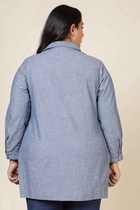Plus Size Mid Blue Cross Weave Denim Cotton Shirt