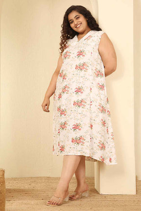 Plus Size White Floral Print Sleeveless Cotton Midi Dress
