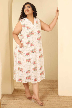 Plus Size White Floral Print Sleeveless Cotton Midi Dress