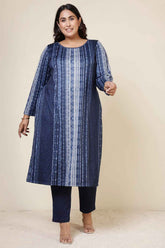 Plus Size Blue Vertical Stripe Round Neck SnugWeave™ Winter Kurta