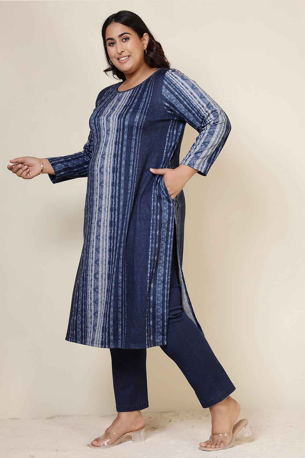 Plus Size Plus Size Blue Vertical Stripe Round Neck SnugWeave™ Winter Kurta