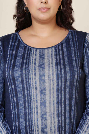 Plus Size Blue Vertical Stripe Round Neck SnugWeave™ Winter Kurta
