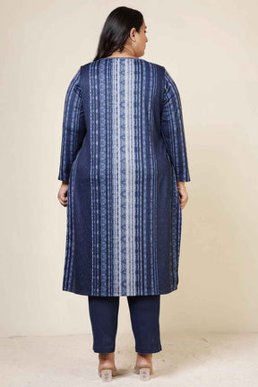 Plus Size Blue Vertical Stripe Round Neck SnugWeave™ Winter Kurta
