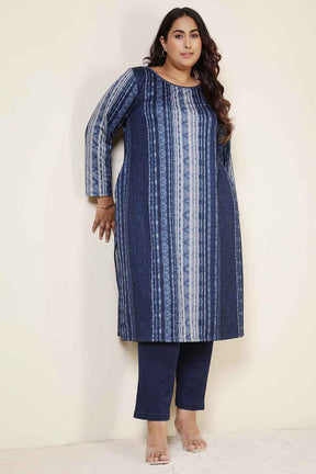 Plus Size Blue Vertical Stripe Round Neck SnugWeave™ Winter Kurta