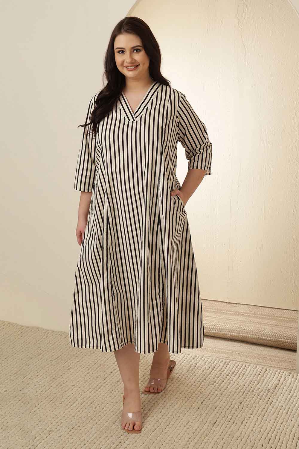 Plus Size Plus Size Black & White Striped Cotton Midi Dress
