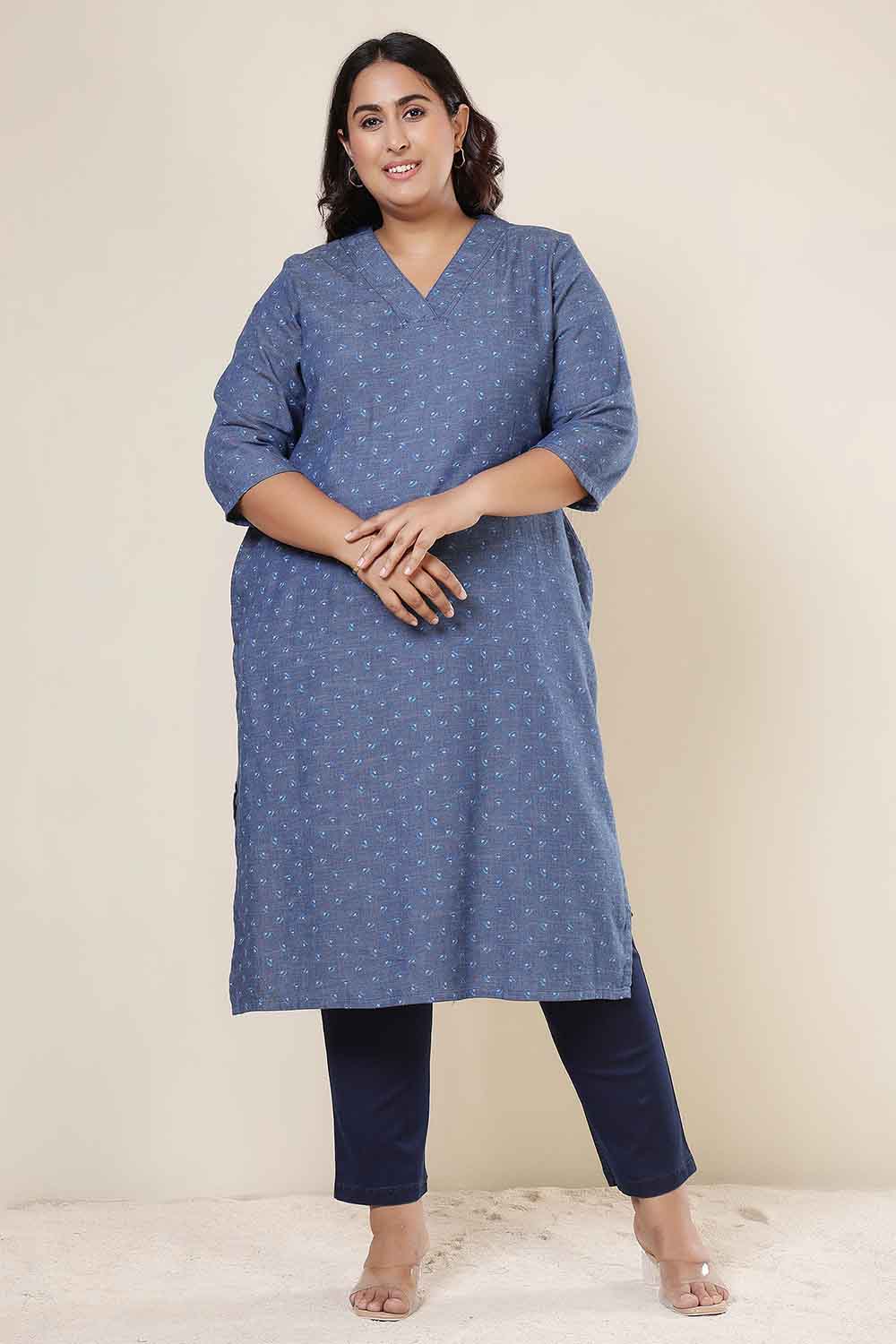 Plus Size Floral Weave Cotton Denim Kurta