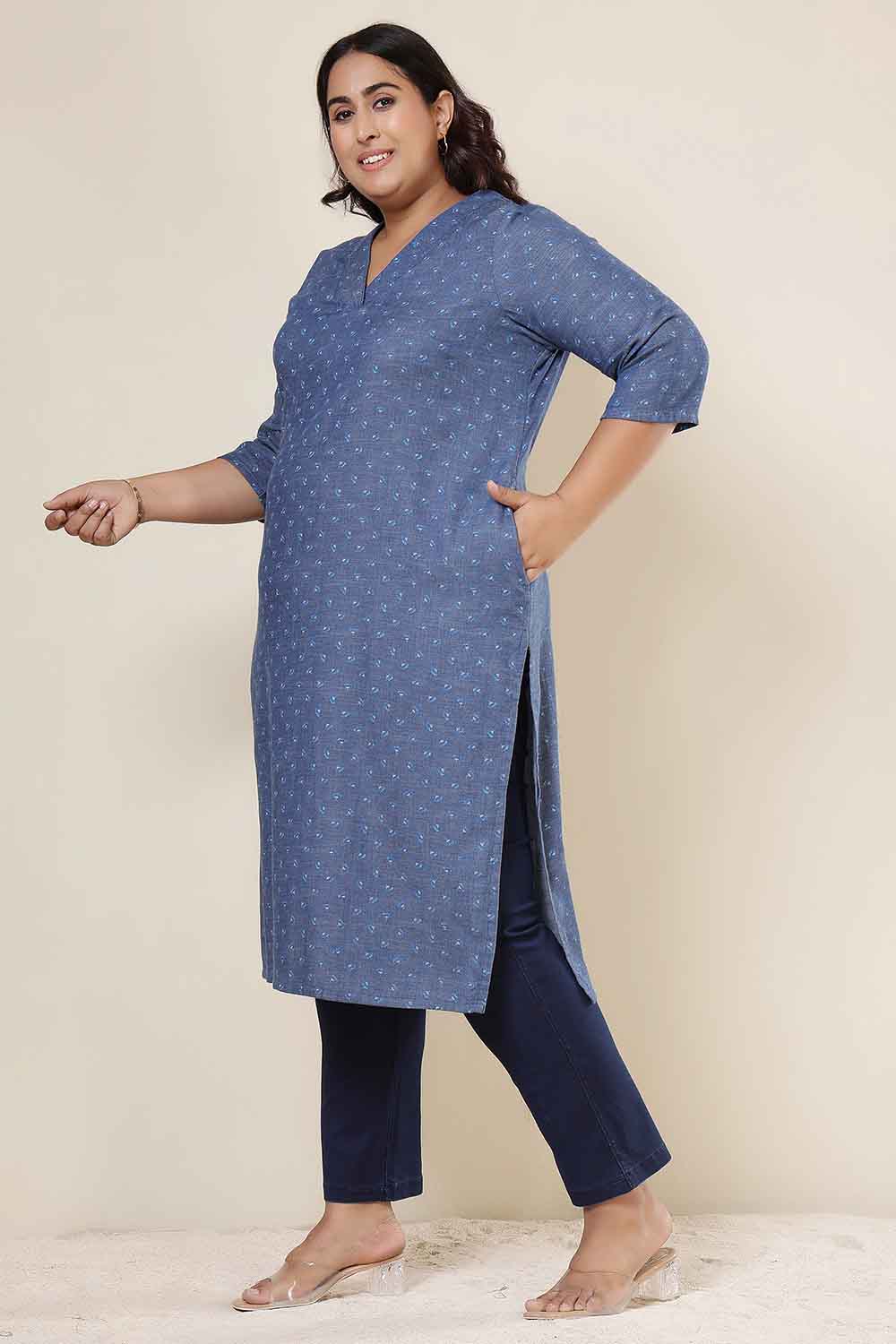 Plus Size Plus Size Floral Weave Cotton Denim Kurta