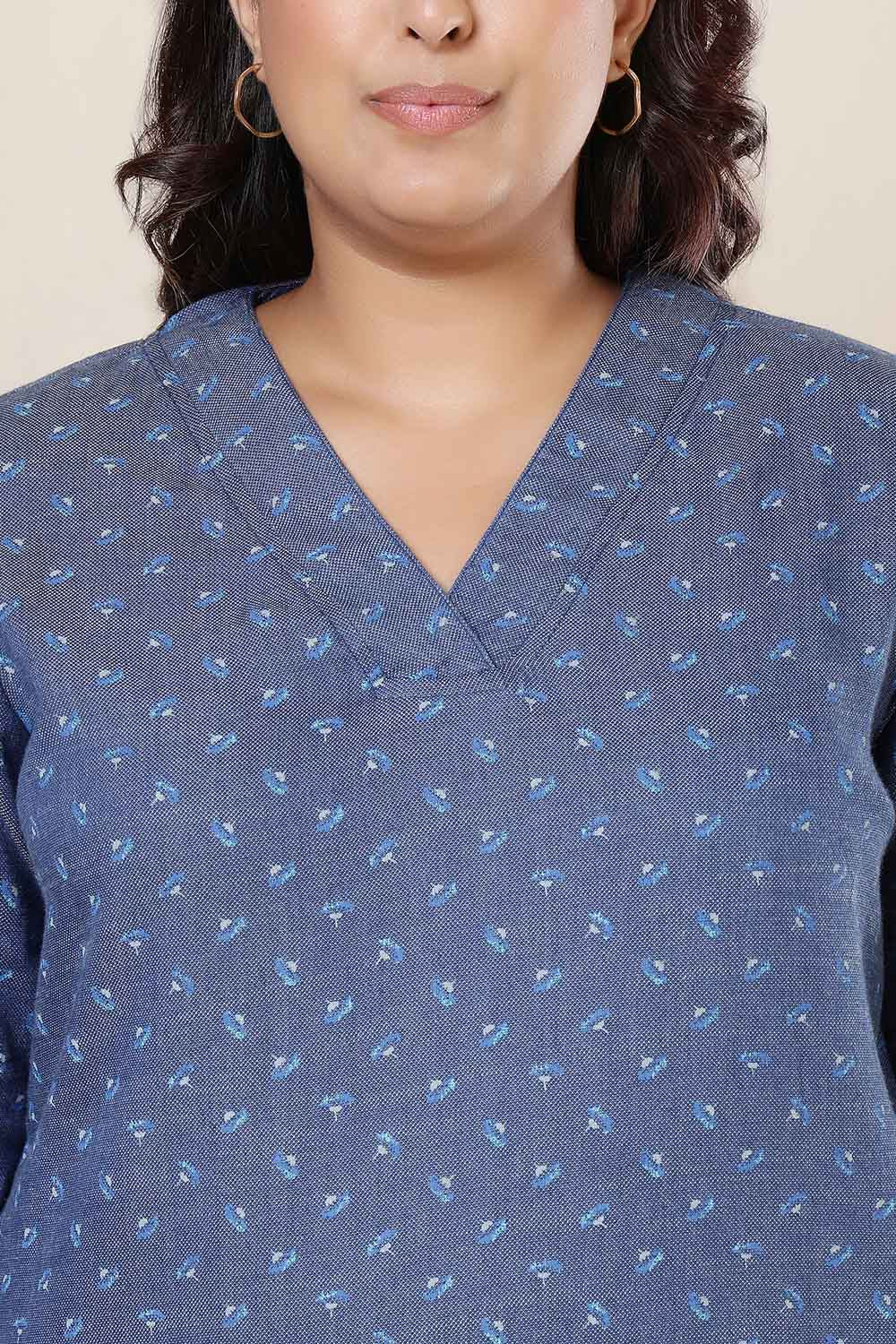 Comfortable Plus Size Floral Weave Cotton Denim Kurta
