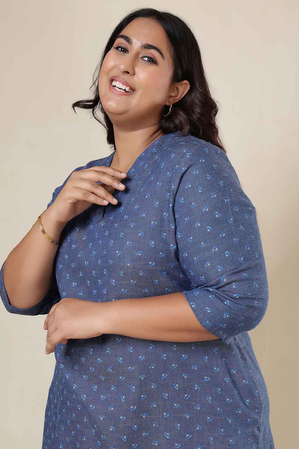 Plus Size Floral Weave Cotton Denim Kurta