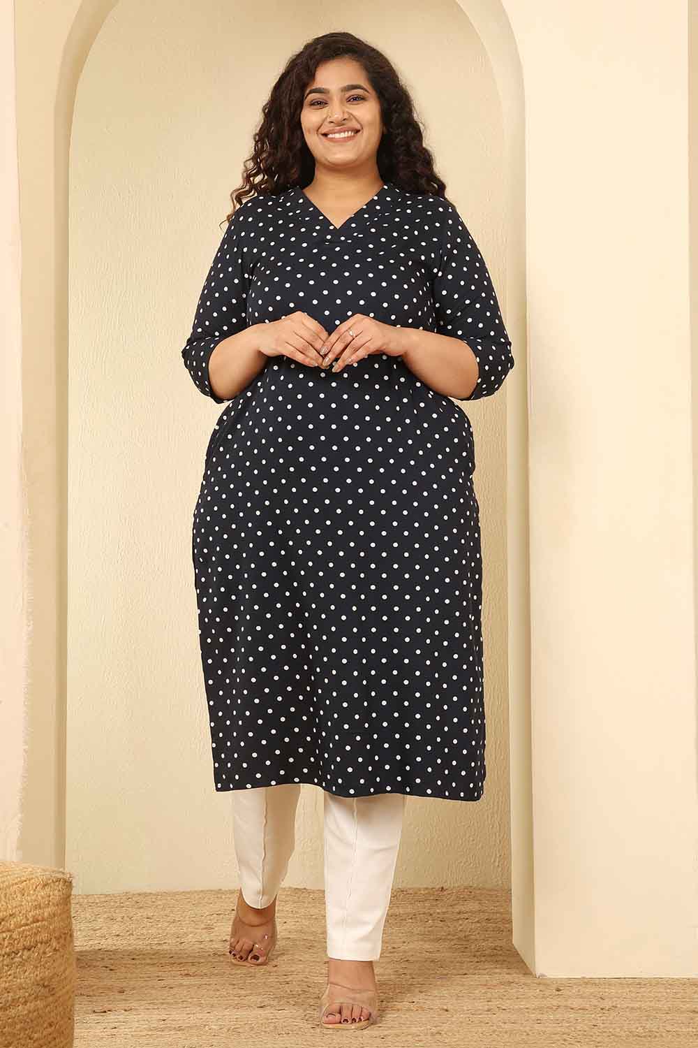 Plus Size Navy Blue Polka Dot Cotton V Neck Kurta