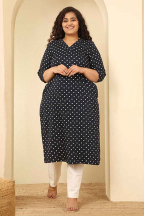 Plus Size Navy Blue Polka Dot Cotton V Neck Kurta
