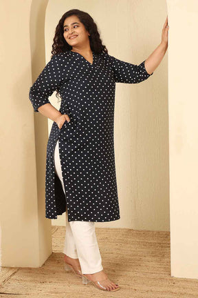 Plus Size Navy Blue Polka Dot Cotton V Neck Kurta