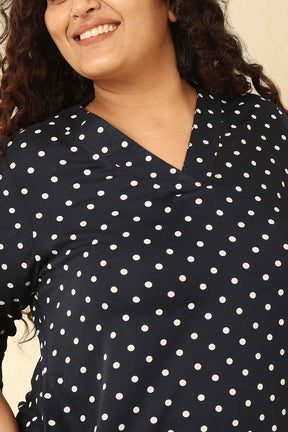 Plus Size Navy Blue Polka Dot Cotton V Neck Kurta