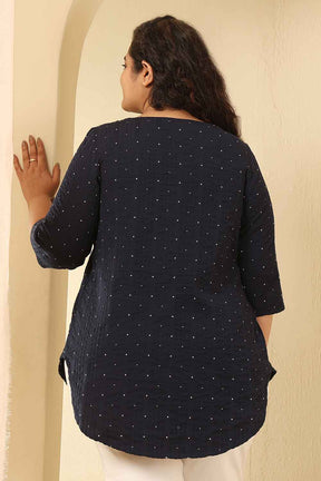 Plus Size Navy Blue Dobby Weave Cotton V Neck Top