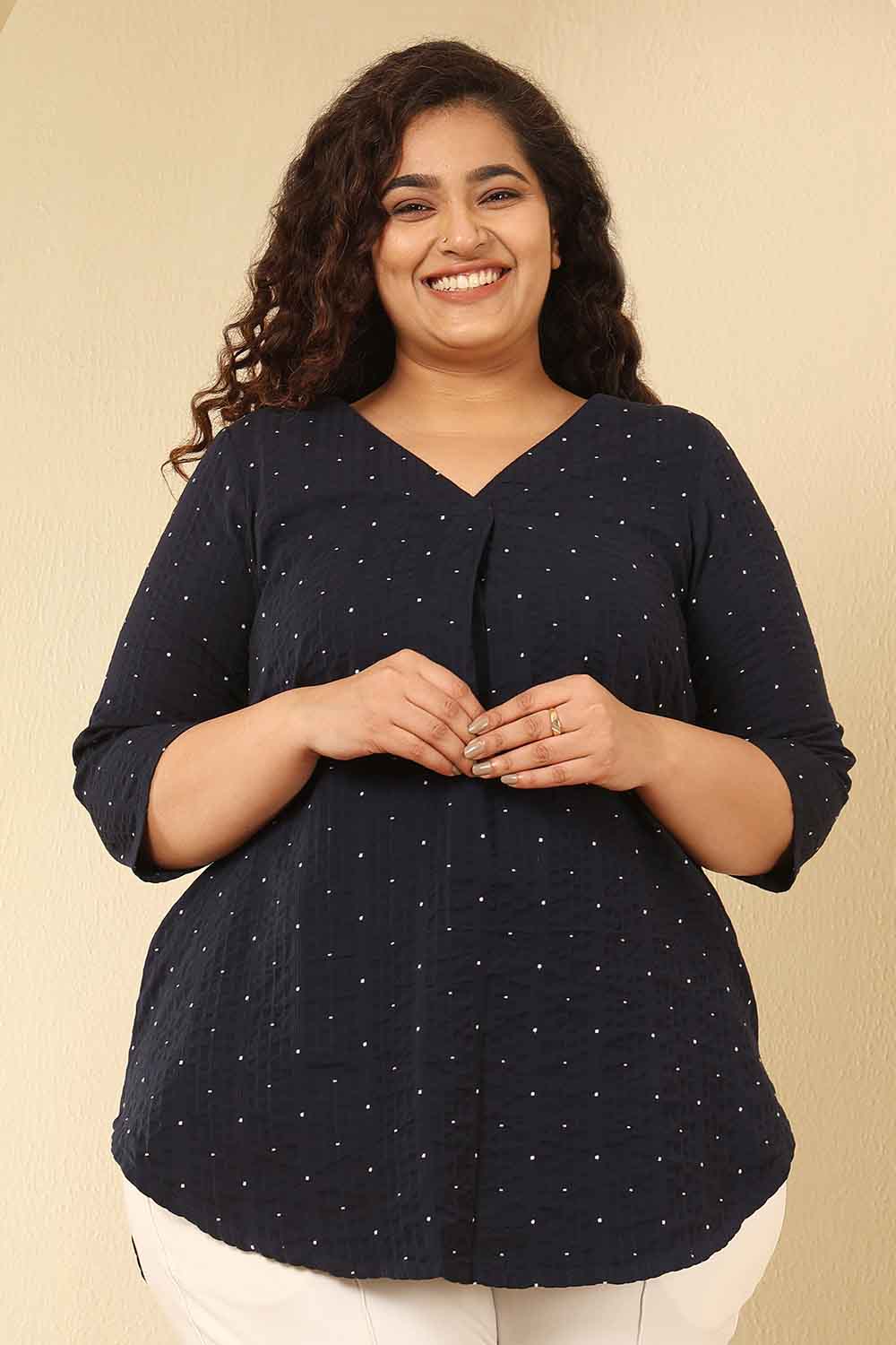 Plus Size Navy Blue Dobby Weave Cotton V Neck Top