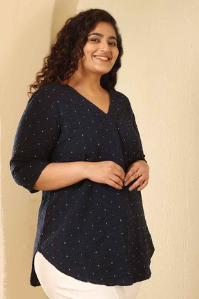 Plus Size Navy Blue Dobby Weave Cotton V Neck Top