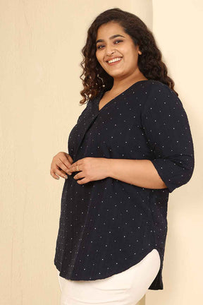 Plus Size Navy Blue Dobby Weave Cotton V Neck Top