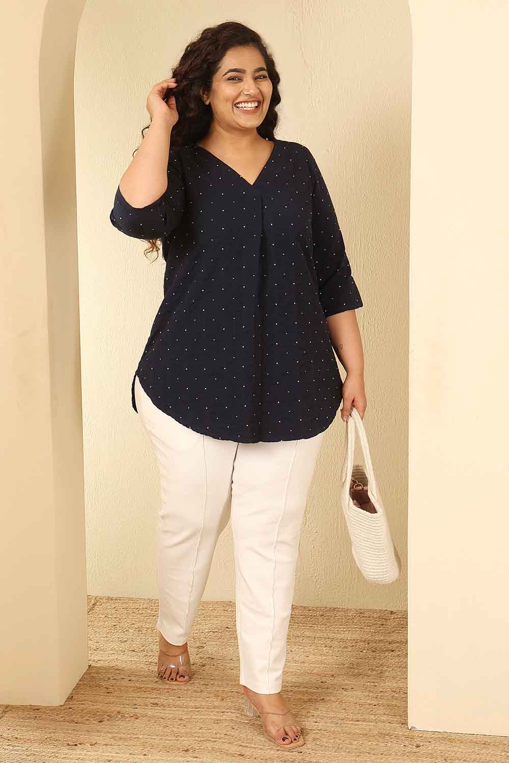 Plus Size Navy Blue Dobby Weave Cotton V Neck Top