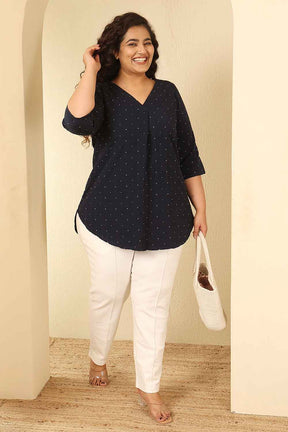 Plus Size Navy Blue Dobby Weave Cotton V Neck Top