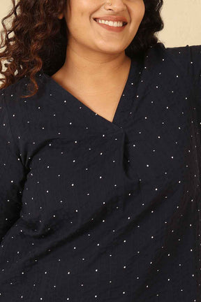 Plus Size Navy Blue Dobby Weave Cotton V Neck Top