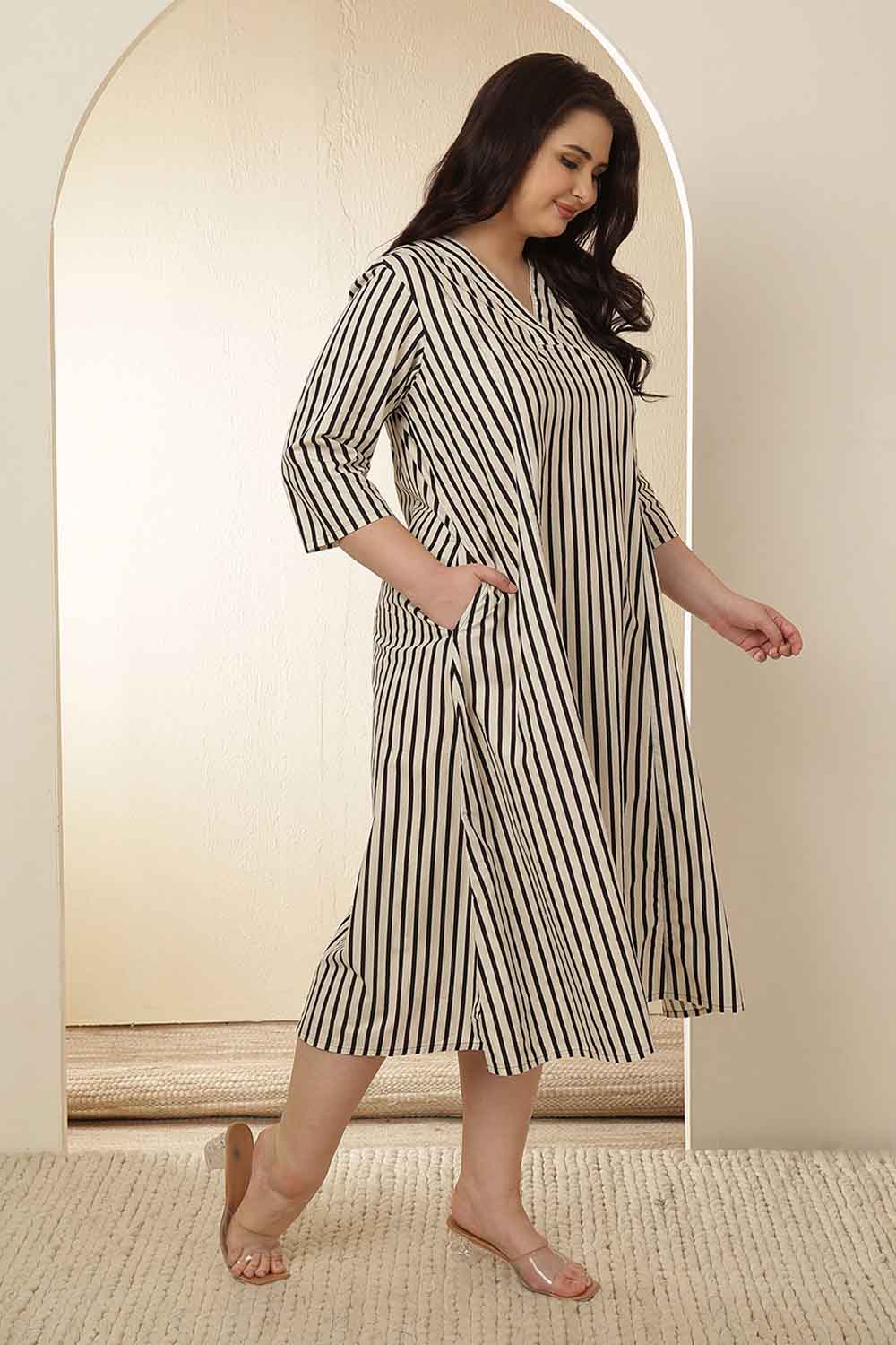 Plus Size Black & White Striped Cotton Midi Dress for Women