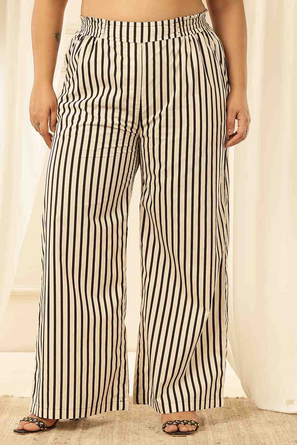 Plus Size Black & White Striped Cotton Kurta Coord Set