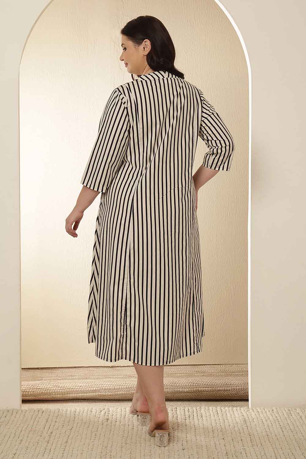 Plus Size Black & White Striped Cotton Midi Dress