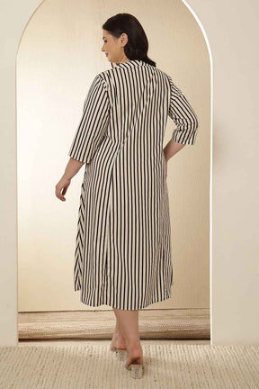 Plus Size Black & White Striped Cotton Midi Dress