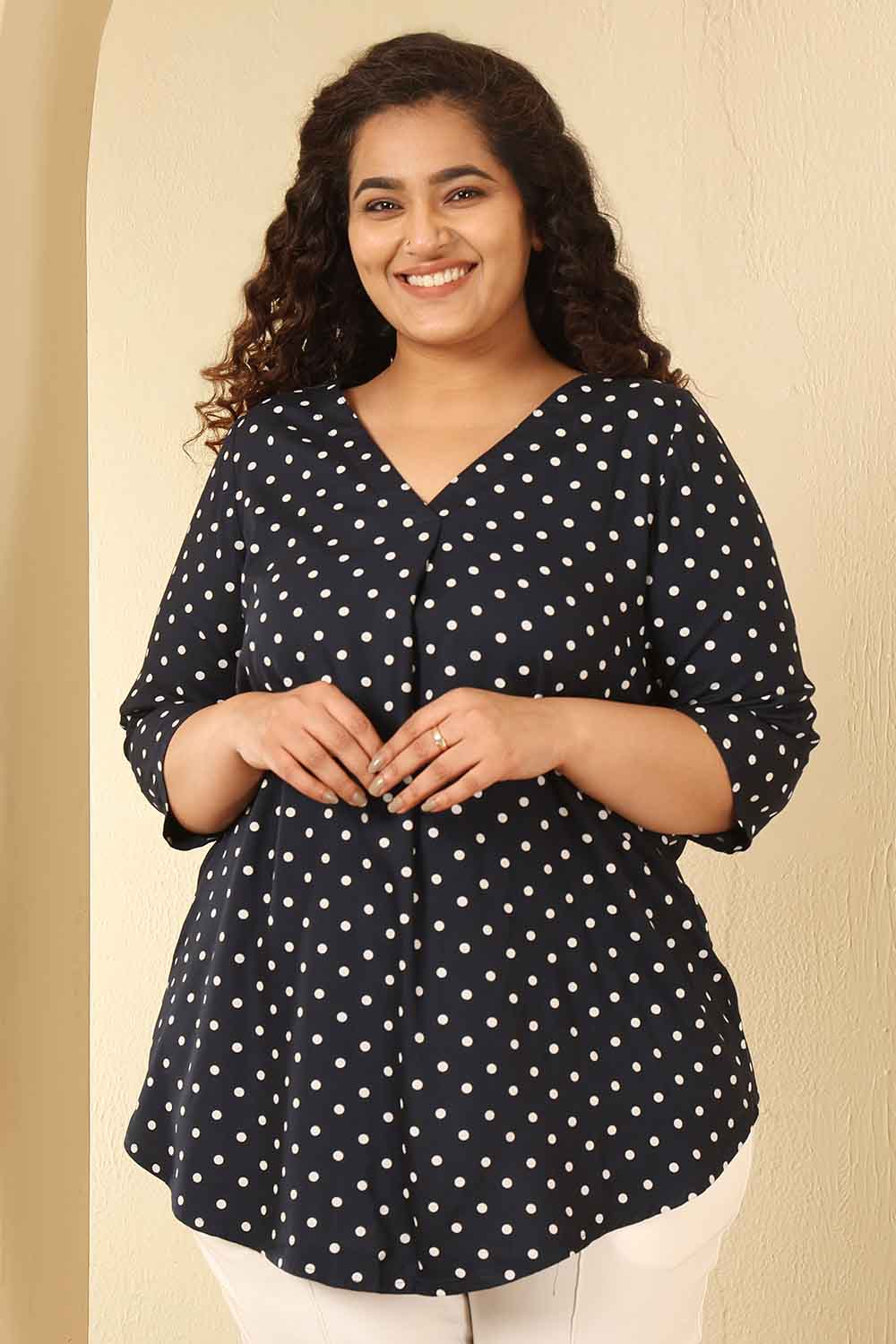 Plus Size Navy Blue Polka Dot Cotton V Neck Top