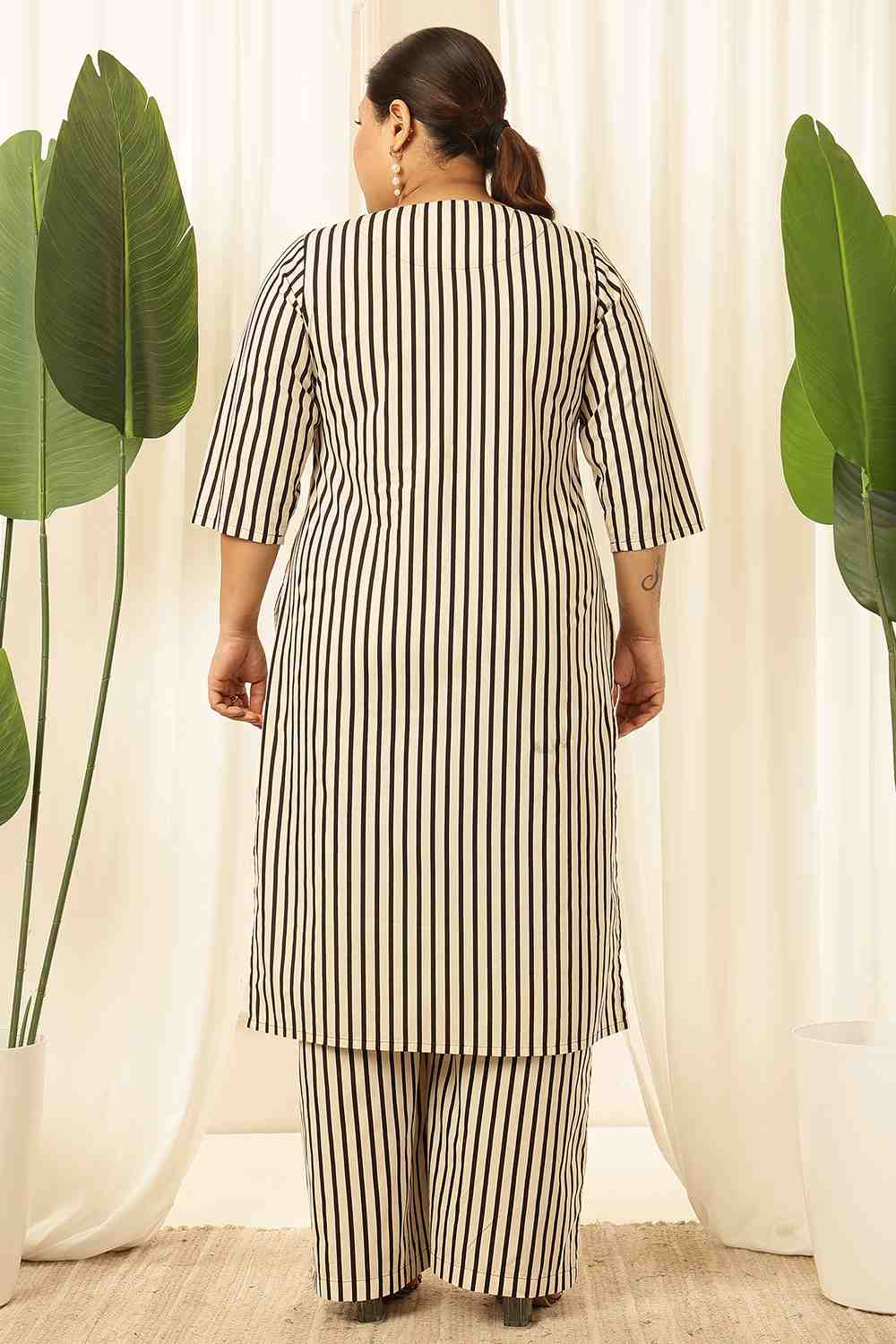 Plus Size Black & White Striped Cotton Kurta Coord Set