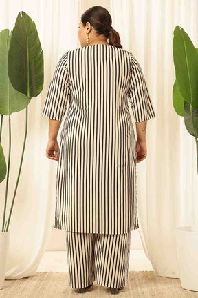 Plus Size Black & White Striped Cotton Kurta Coord Set