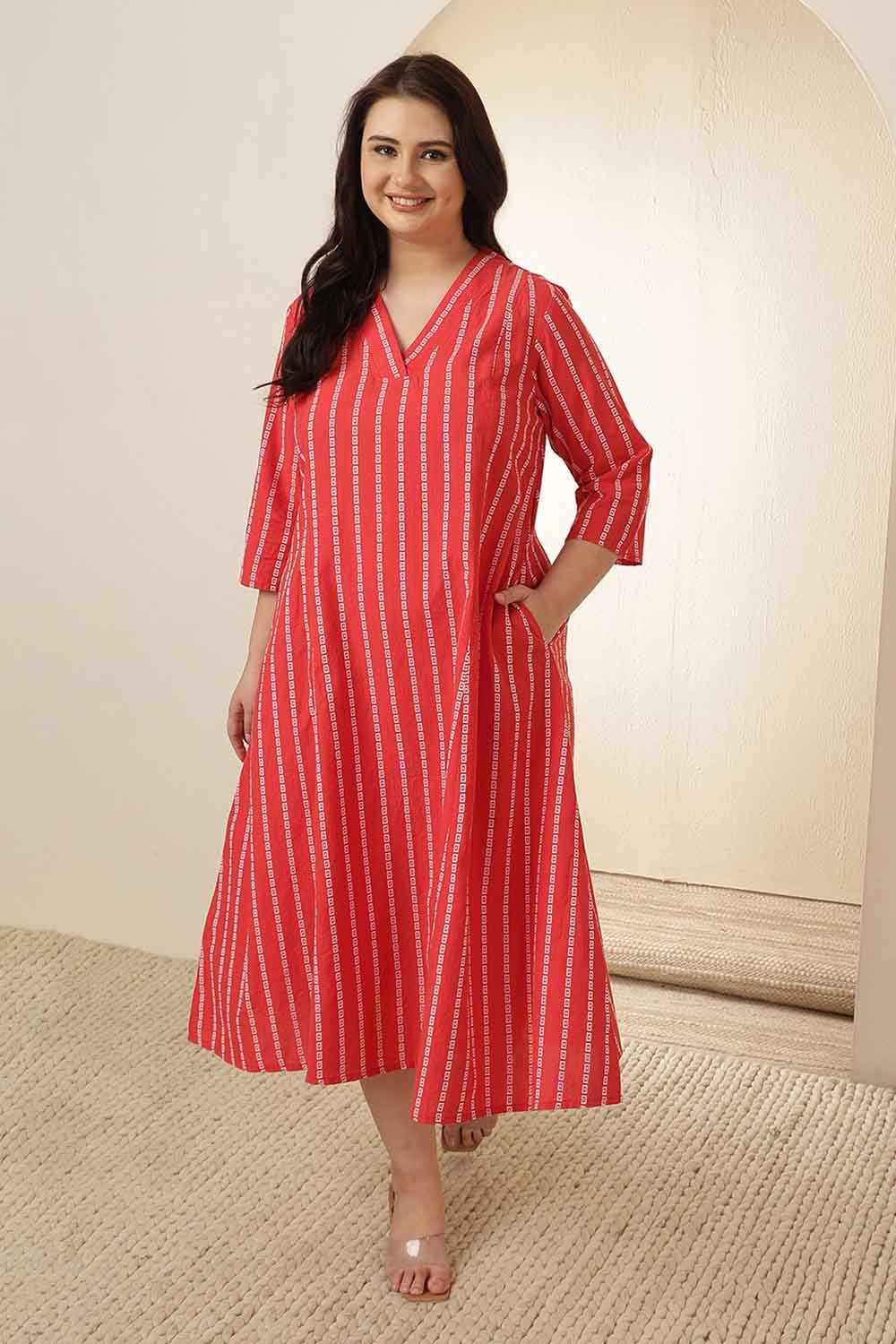 Plus Size Plus Size Red Stripe Cotton Midi Dress