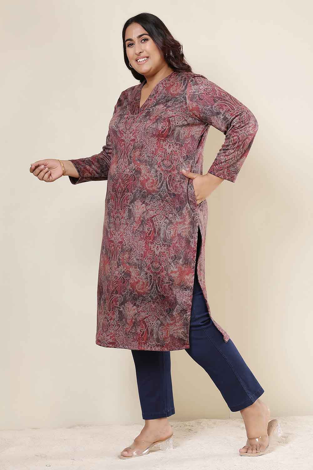 Comfortable Plus Size Maroon Paisley V Neck SnugWeave™ Winter Kurta