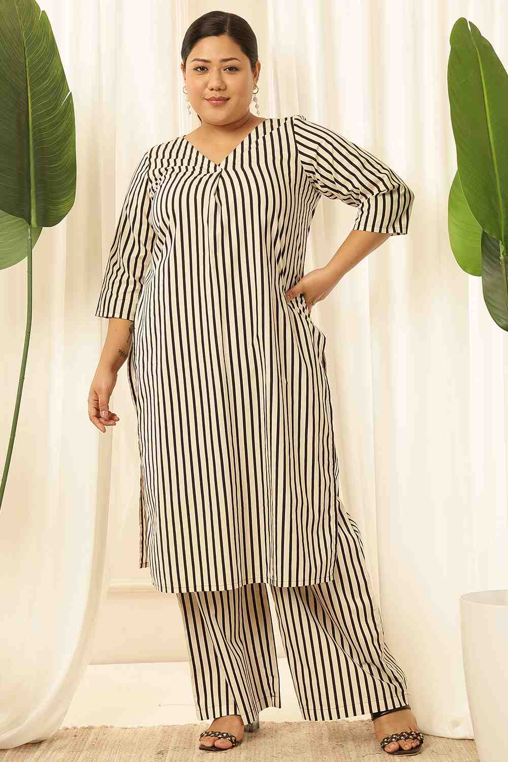 Plus Size Plus Size Black & White Striped Cotton Kurta Coord Set