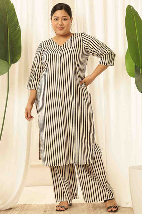 Plus Size Black & White Striped Cotton Kurta Coord Set
