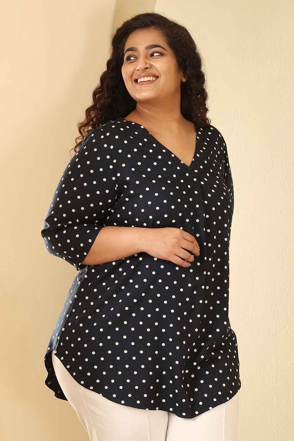 Plus Size Navy Blue Polka Dot Cotton V Neck Top