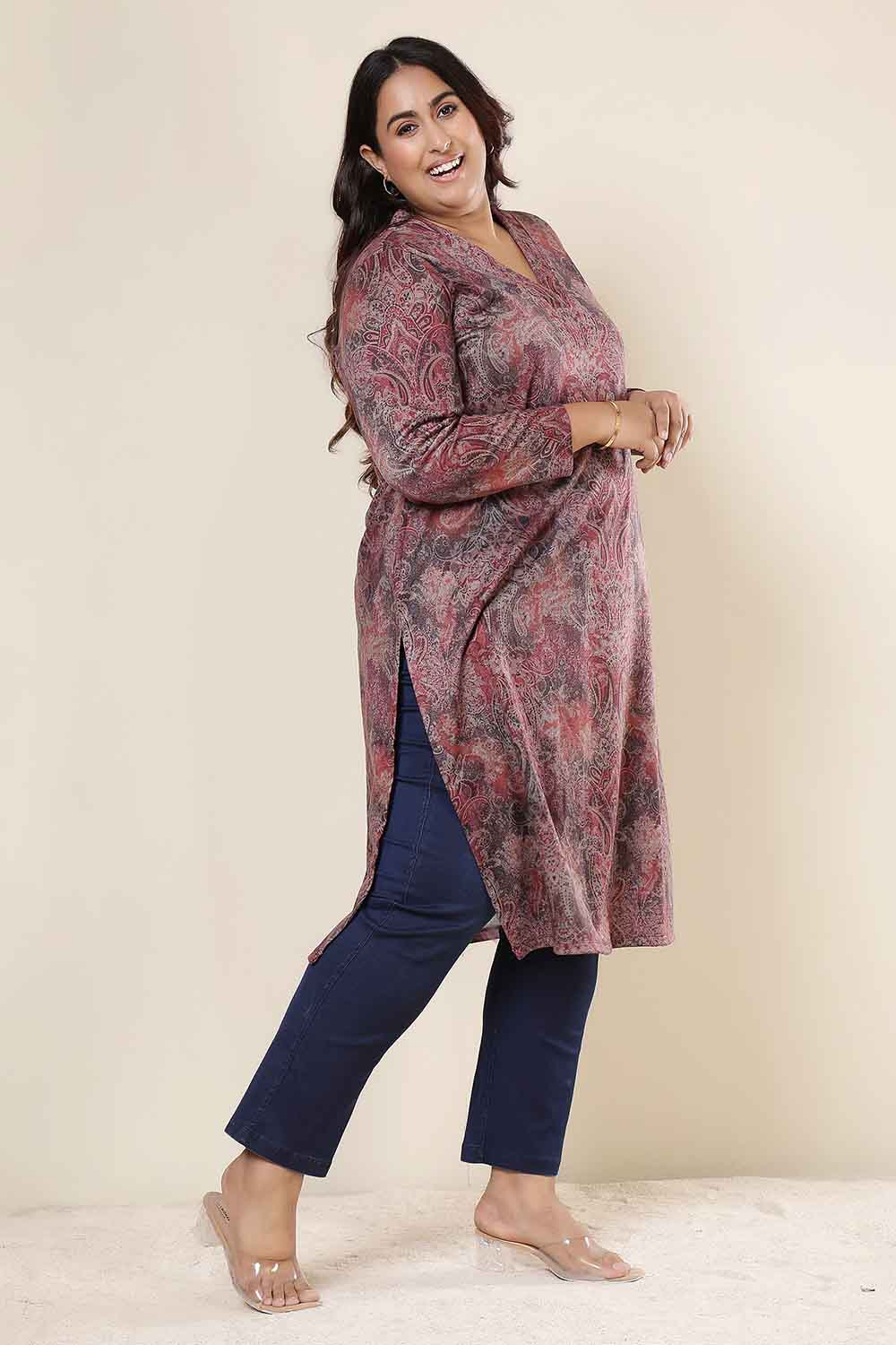 Plus Size Maroon Paisley V Neck SnugWeave™ Winter Kurta