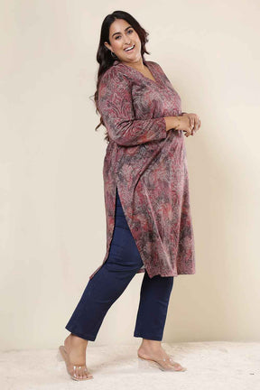 Plus Size Maroon Paisley V Neck SnugWeave™ Winter Kurta