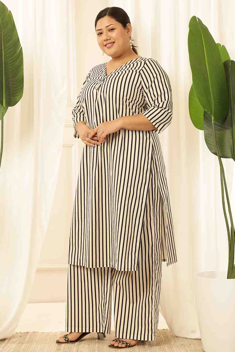Plus Size Black & White Striped Cotton Kurta Coord Set