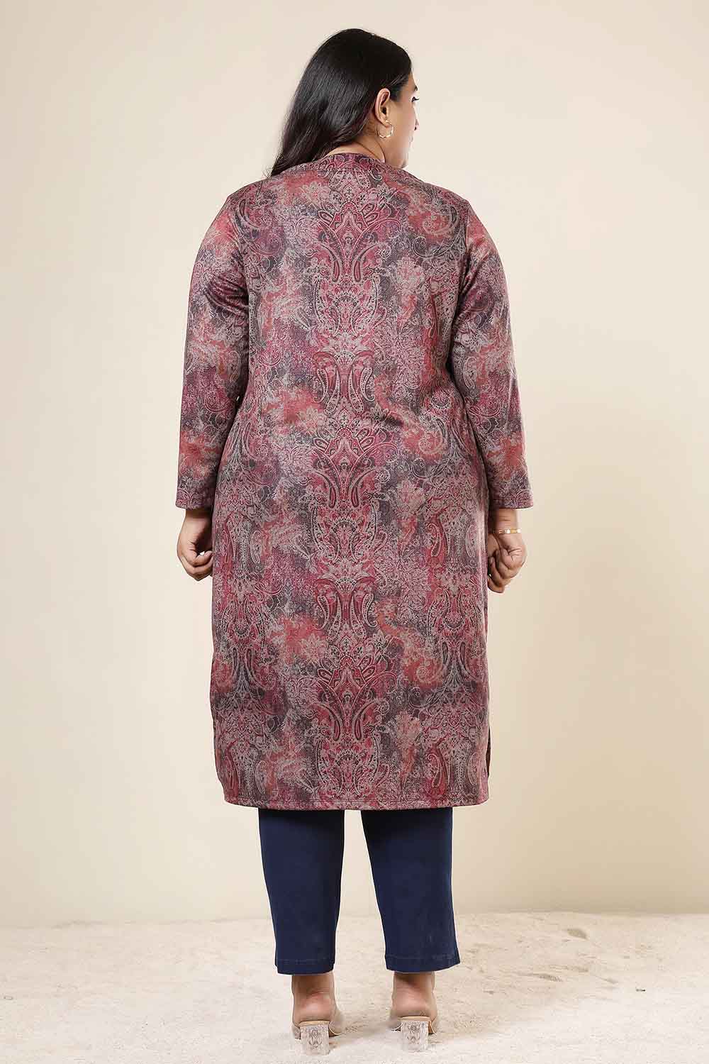 Plus Size Maroon Paisley V Neck SnugWeave™ Winter Kurta