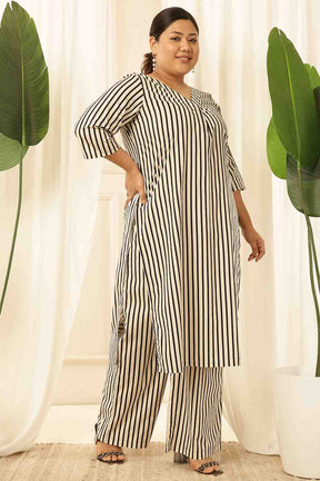 Plus Size Black & White Striped Cotton Kurta Coord Set
