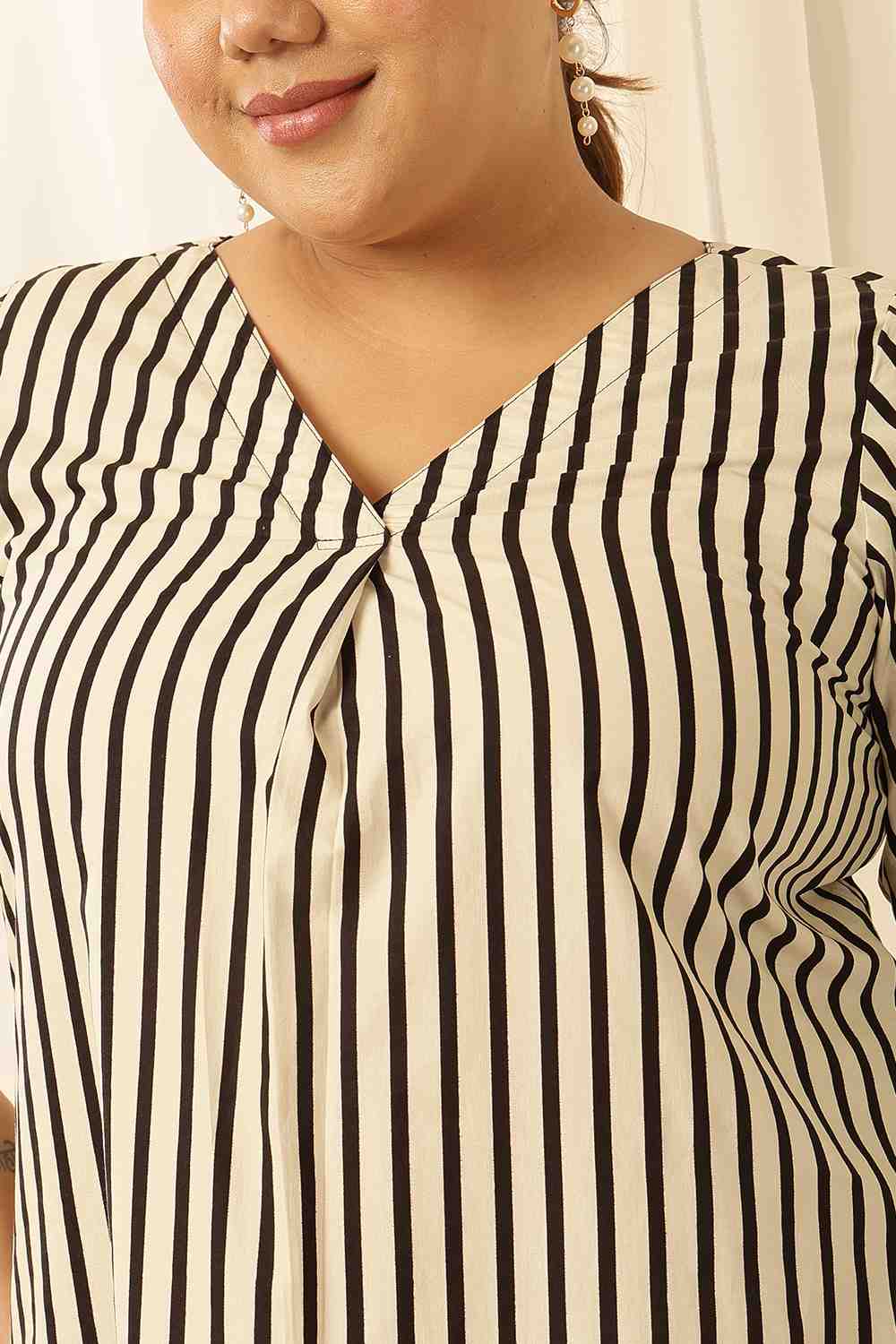 Comfortable Plus Size Black & White Striped Cotton Kurta Coord Set